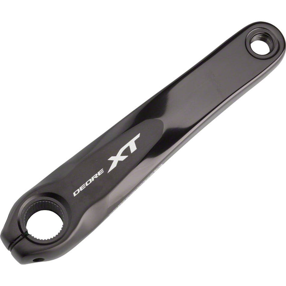 Shimano XT left crank arm for cranksets, showing a close-up of the black aluminum component with Shimano branding.