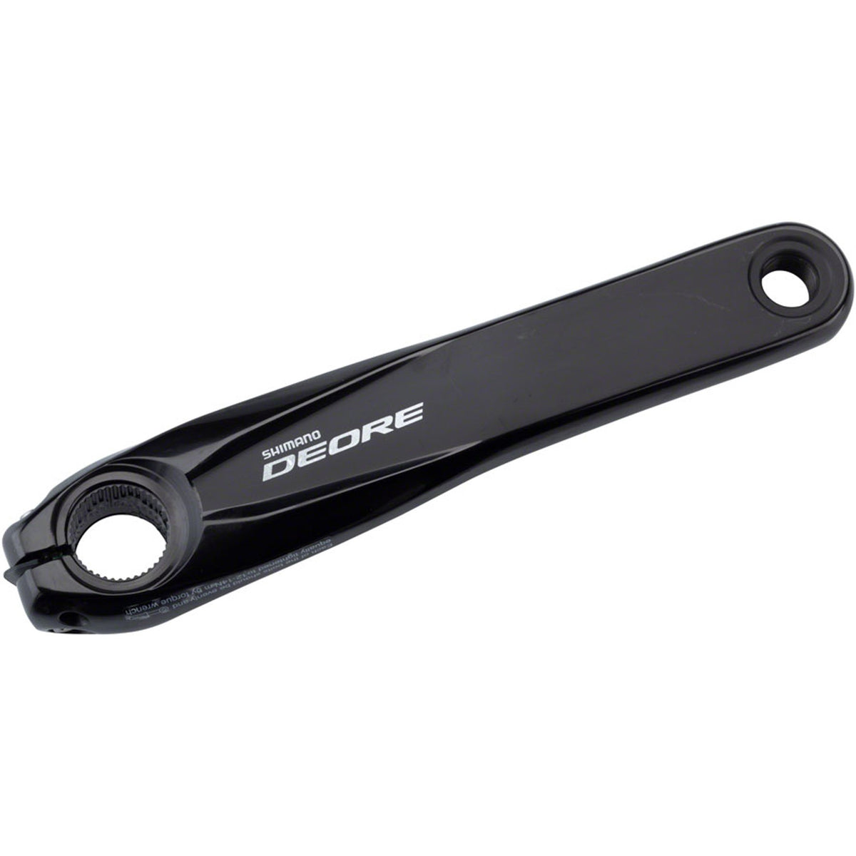 Shimano Deore FC-M6000 left crank arm for mountain bike cranksets, shown in black with mounting details.