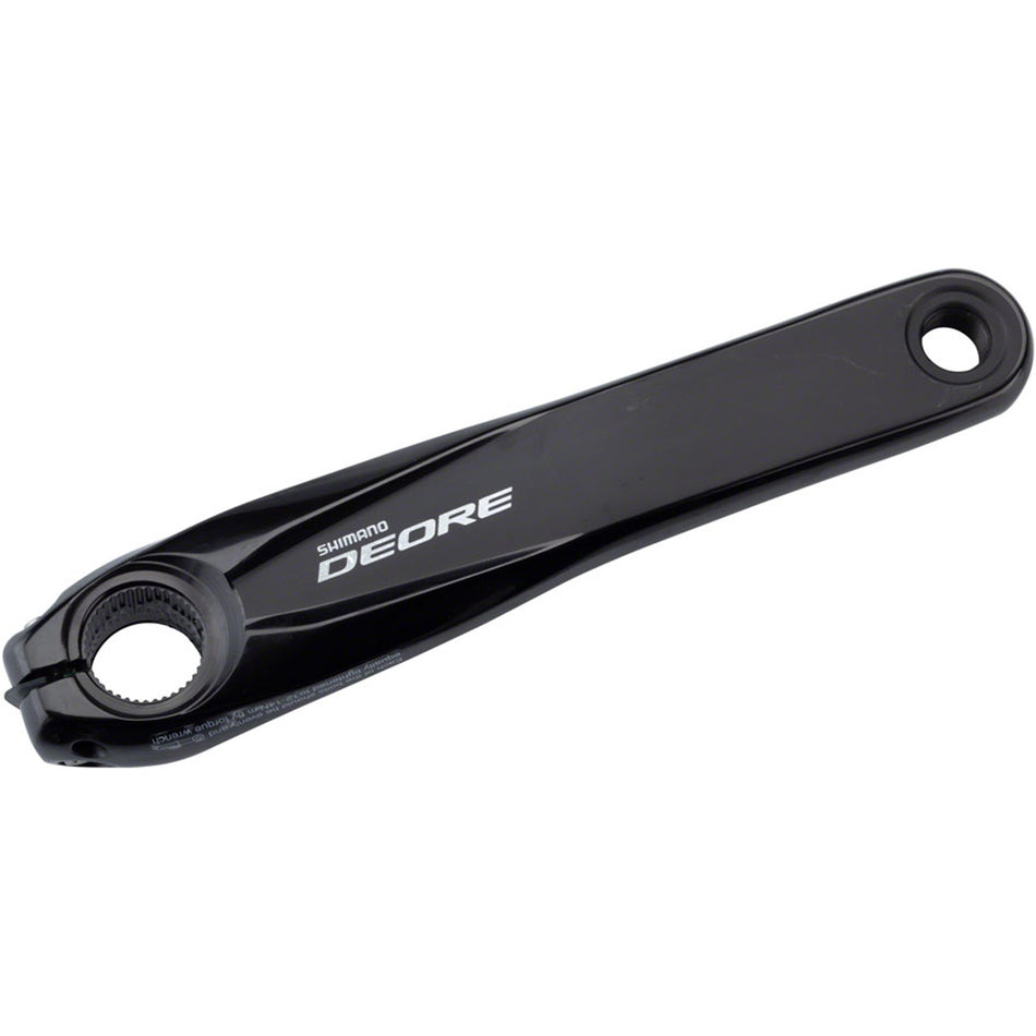 Shimano Deore FC-M6000 left crank arm for mountain bike cranksets, shown in black with mounting details.