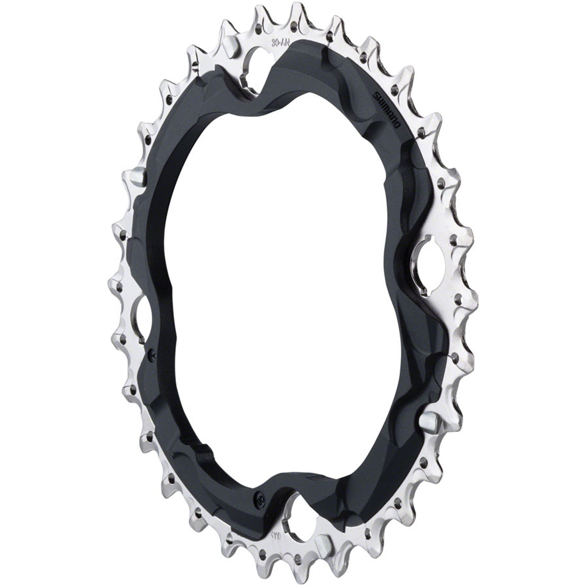 Shimano Deore M6000 10-speed chainring with black finish, designed for mountain bike cranksets, mounted on bicycle crank arm.