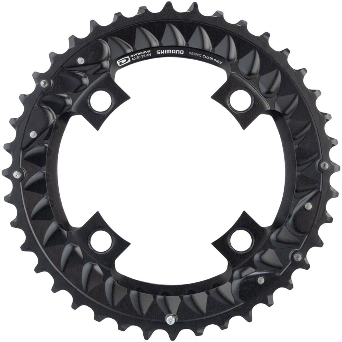 Shimano Deore M6000 10-speed chainring with black finish, designed for mountain bike cranksets, shown in close-up detail.