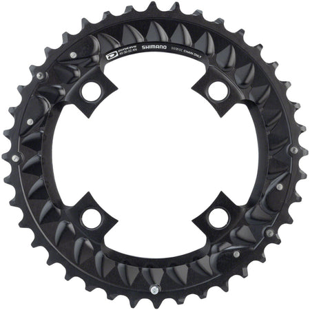 Shimano Deore M6000 10-speed chainring with black finish, designed for mountain bike cranksets, shown in close-up detail.
