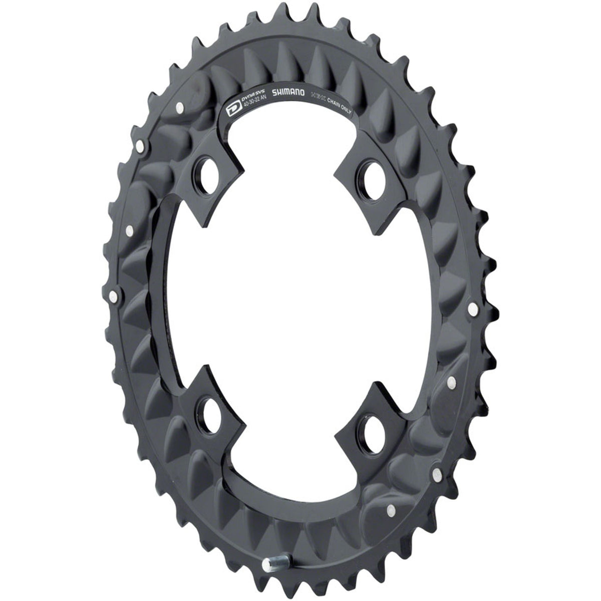 Shimano Deore M6000 10-speed chainring with black finish, featuring bolt holes and gear teeth for mountain bike crankset.