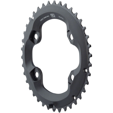 Shimano Deore M6000 10-speed chainring with black finish, designed for mountain bike cranksets, mounted on a crank arm.