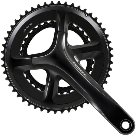 Shimano 105 FC-RS520 crankset with double chainrings and black finish, designed for road bikes and performance cycling.
