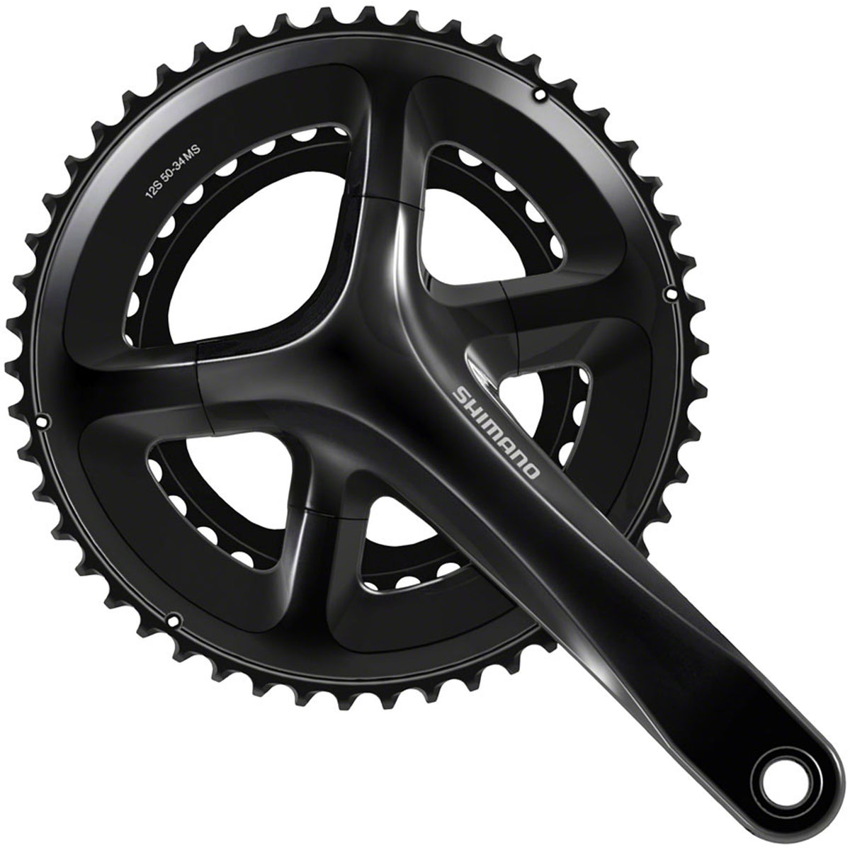 Shimano 105 FC-RS520 crankset with double chainrings, black finish, and compact design for road bikes.