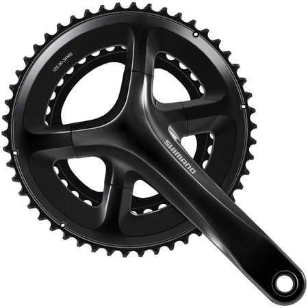 Shimano 105 FC-RS520 crankset with double chainrings, black finish, and compact design for road bikes.