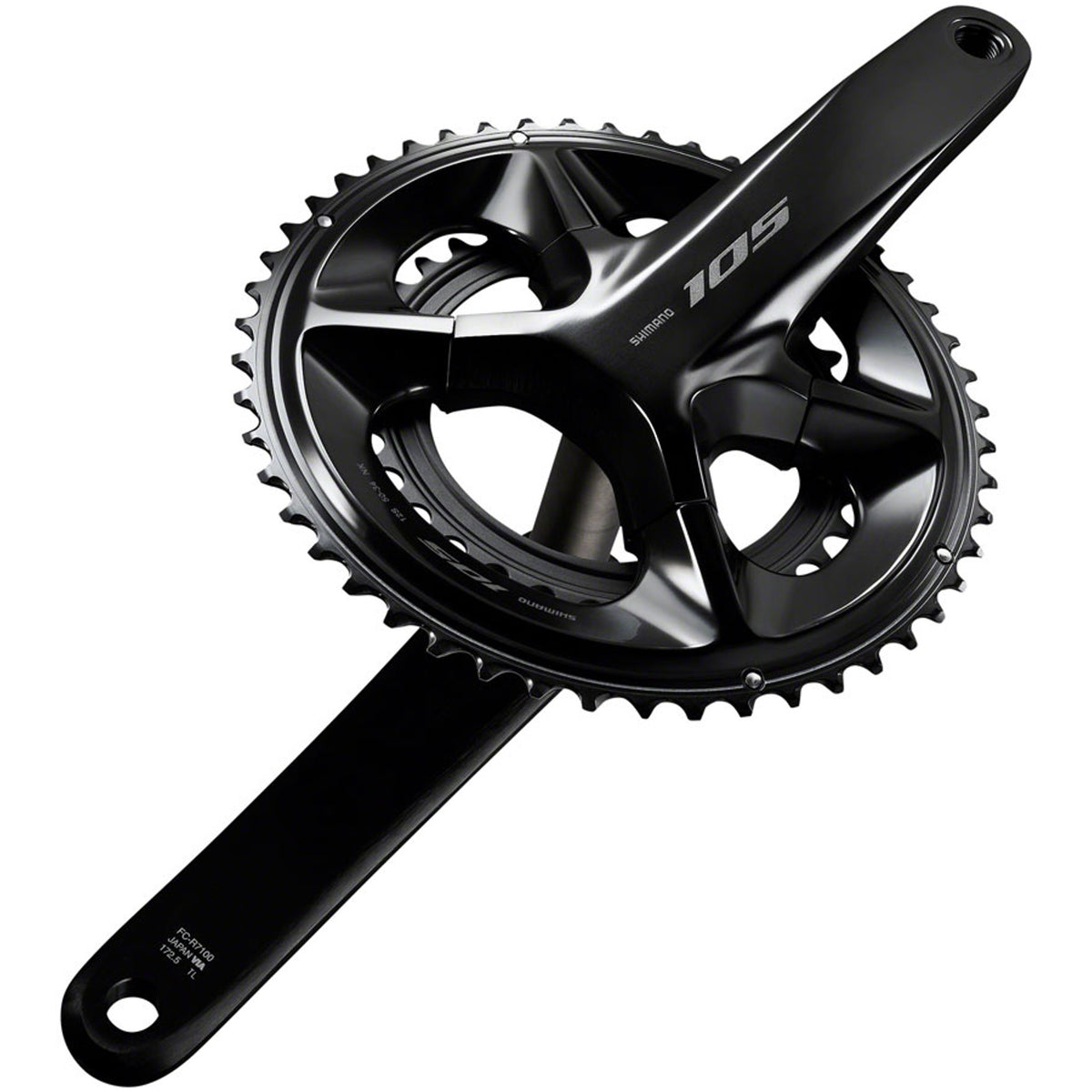 Shimano 105 FC-R7100 crankset with double chainrings and crank arms, designed for road bicycles, shown in close-up view.