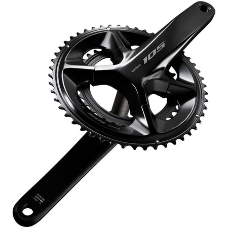 Shimano 105 FC-R7100 crankset with double chainrings and crank arms, designed for road bicycles, shown in close-up view.