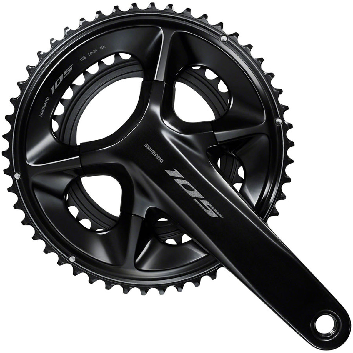 Shimano 105 FC-R7100 crankset with double chainrings, black finish, and integrated crank arms for road bike performance.