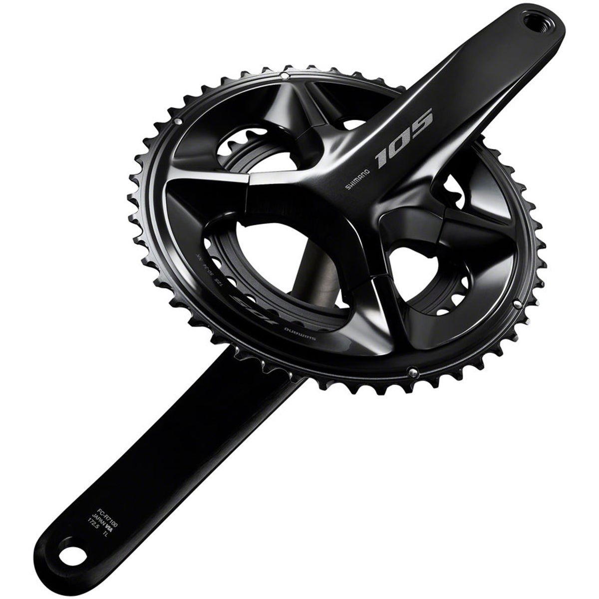 Shimano 105 FC-R7100 crankset with double chainrings, black finish, and compact design for road bikes.