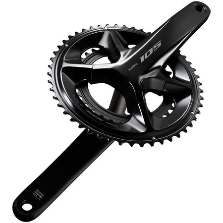 Shimano 105 FC-R7100 crankset with double chainrings, black finish, and compact design for road bikes.