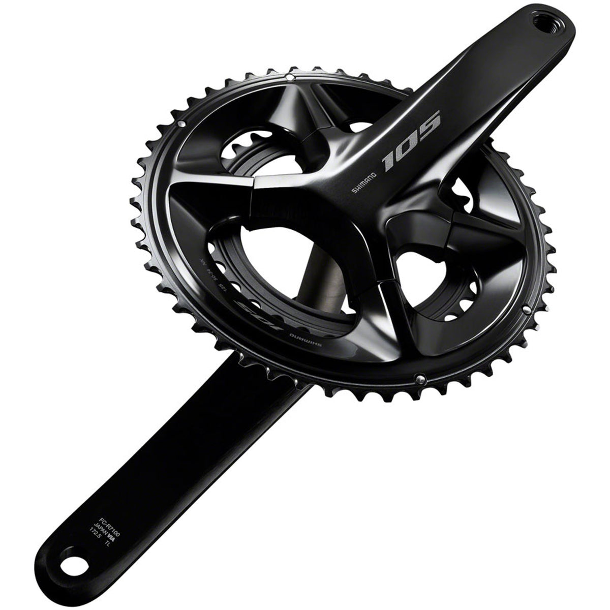 Shimano 105 FC-R7100 crankset with double chainrings and crank arms, shown in close-up with detailed metal finish.