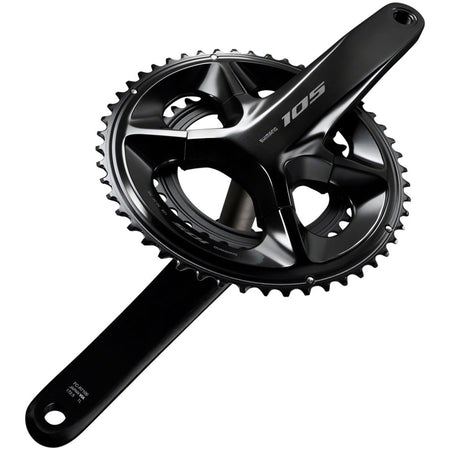 Shimano 105 FC-R7100 crankset with double chainrings and crank arms, shown in close-up with detailed metal finish.