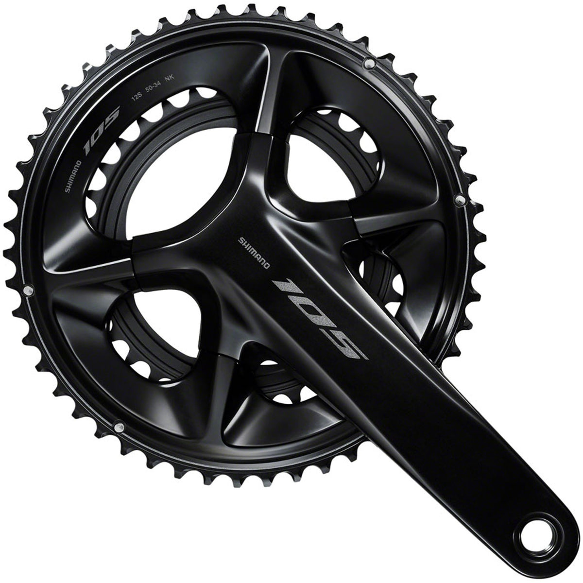 Shimano 105 FC-R7100 crankset with double chainrings, lightweight aluminum crank arms, and integrated chainring bolts for road cycling