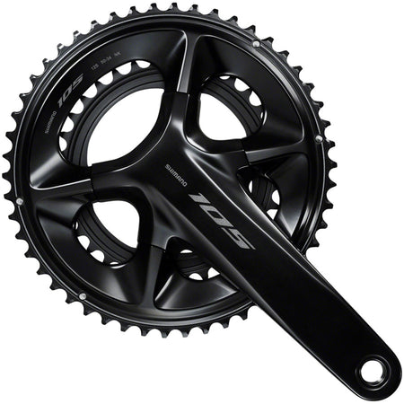 Shimano 105 FC-R7100 crankset with double chainrings, lightweight aluminum crank arms, and integrated chainring bolts for road cycling
