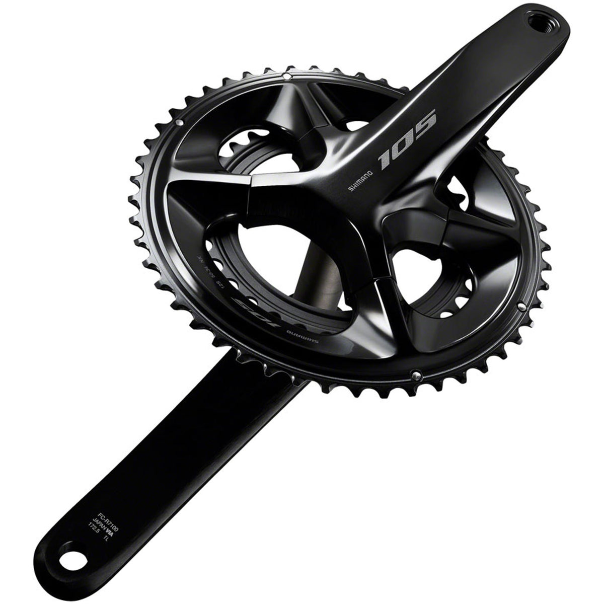 Shimano 105 FC-R7100 crankset with double chainrings and crank arms, designed for road bikes and high-performance cycling.