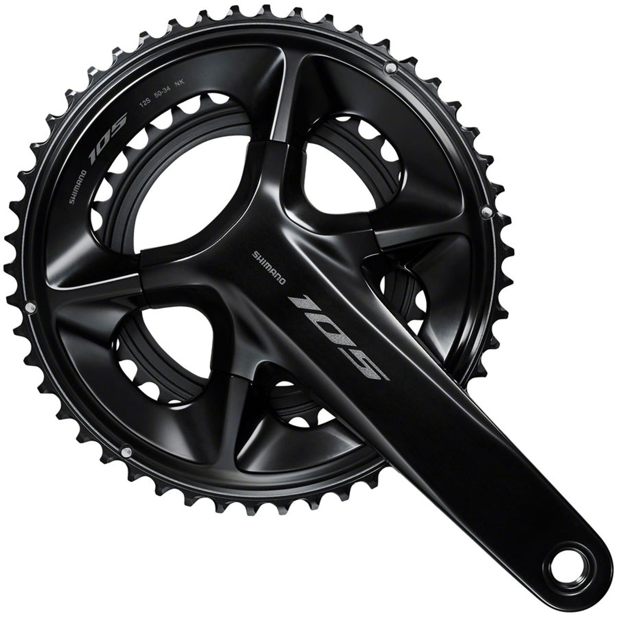 Shimano 105 FC-R7100 crankset with double chainrings, black finish, mounted on a bicycle crank arm for road cycling.