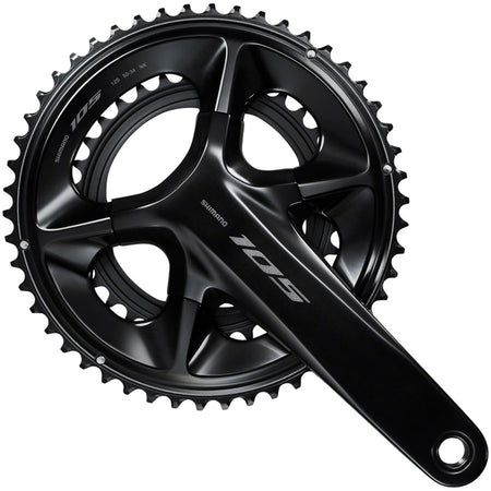 Shimano 105 FC-R7100 crankset with double chainrings, black finish, mounted on a bicycle crank arm for road cycling.
