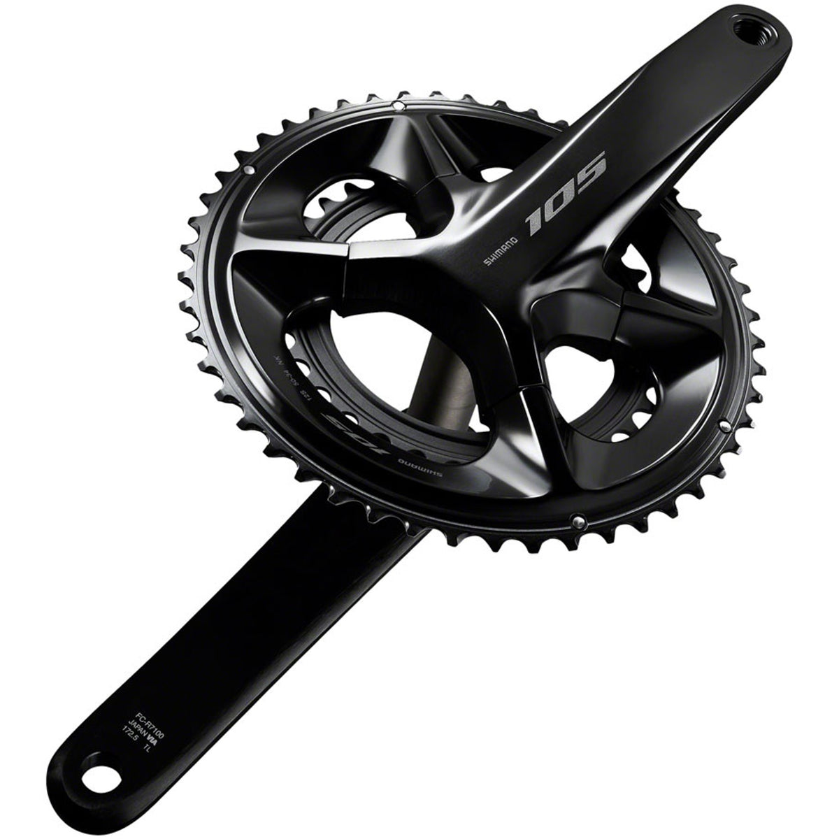 Shimano 105 FC-R7100 crankset with double chainrings, lightweight aluminum crank arms, and modern cycling design.