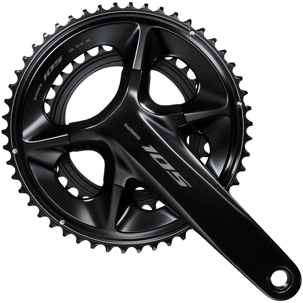 Shimano 105 FC-R7100 crankset with double chainrings and crank arms, bike component for road cycling.