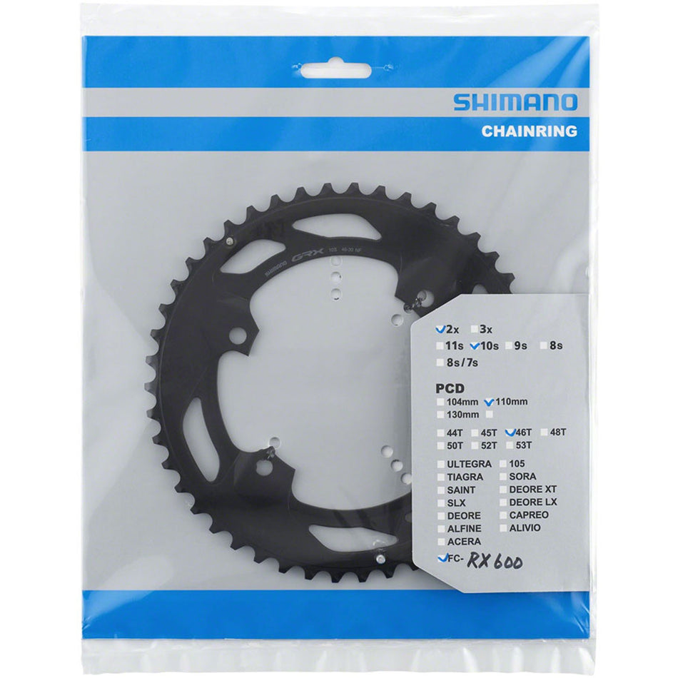 Shimano GRX FC-RX600 chainring for gravel bike, close-up of black aluminum chainring with tooth details and mounting holes