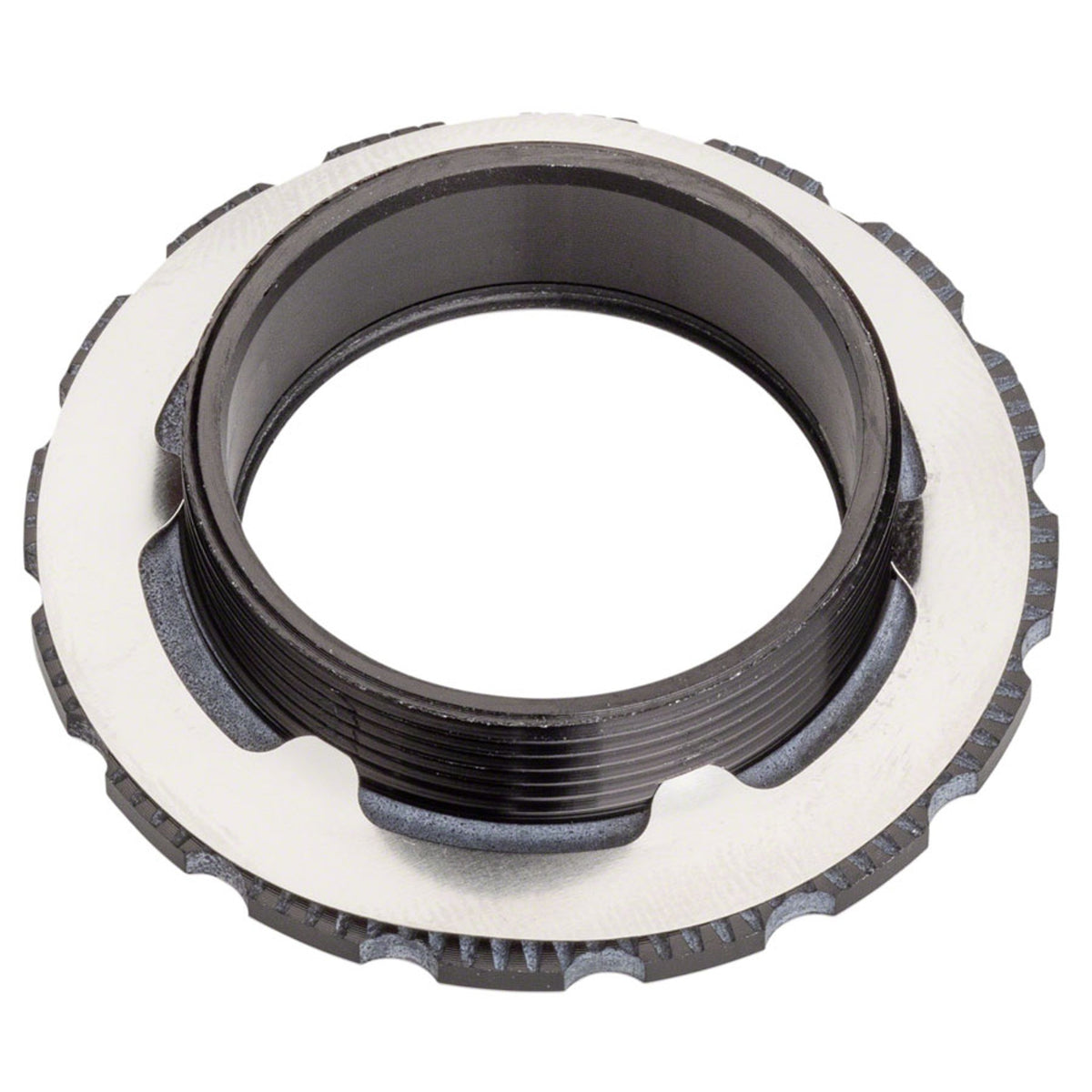 Shimano direct mount lockring for cranksets, close-up view showing metal finish and threading details