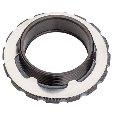 Shimano direct mount lockring for cranksets, close-up view showing metal finish and threading details