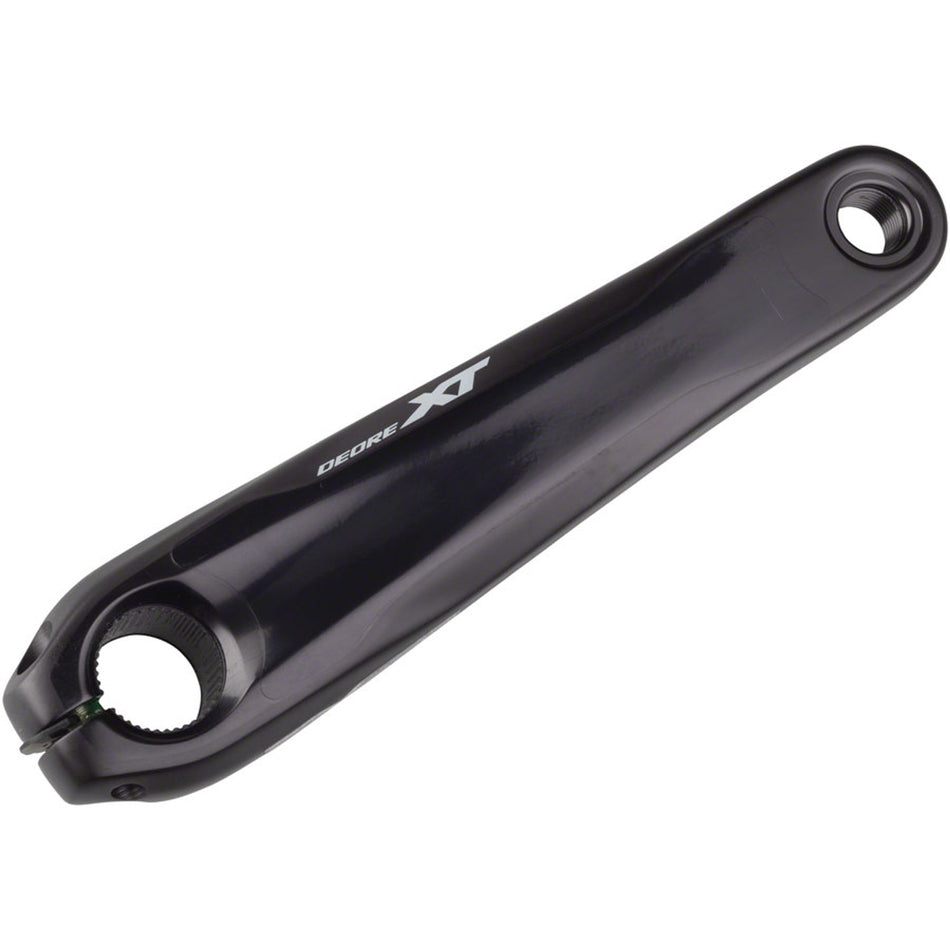 Shimano XT left crank arm from a crankset, black component with textured surface, part of bicycle drivetrain.