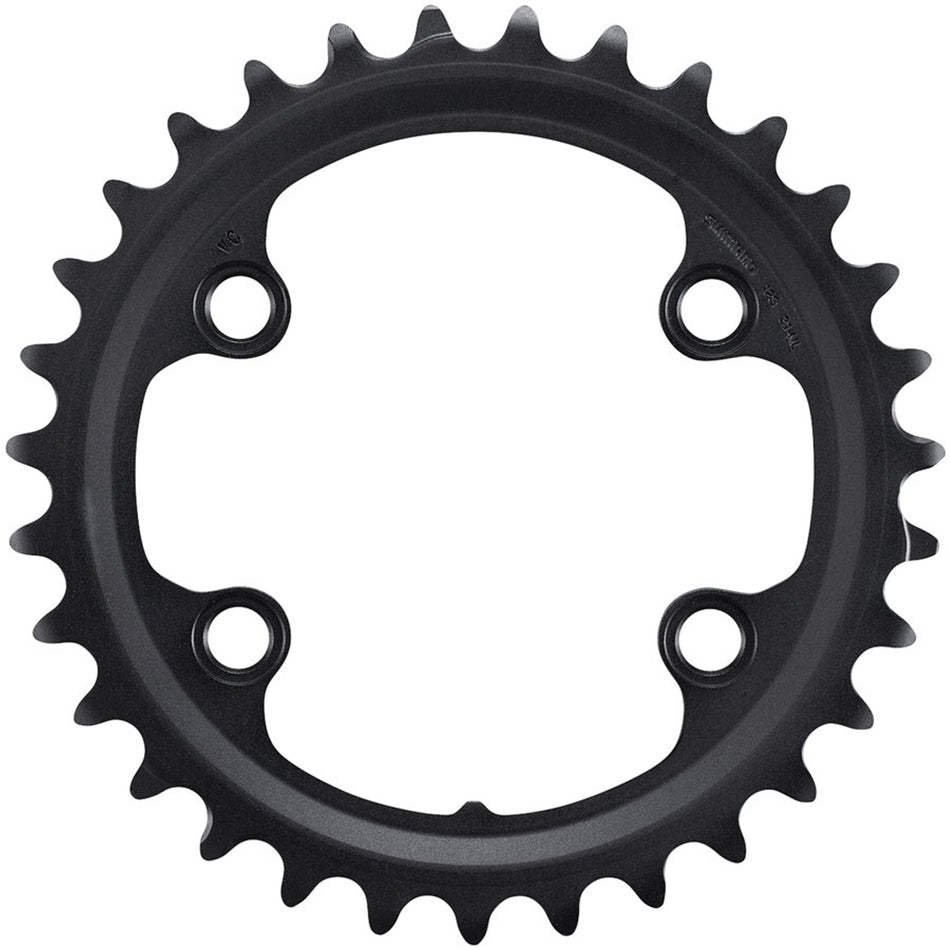 Shimano GRX FC-RX820-2 chainring for gravel bike, close-up of black steel chainring with teeth and mounting holes.