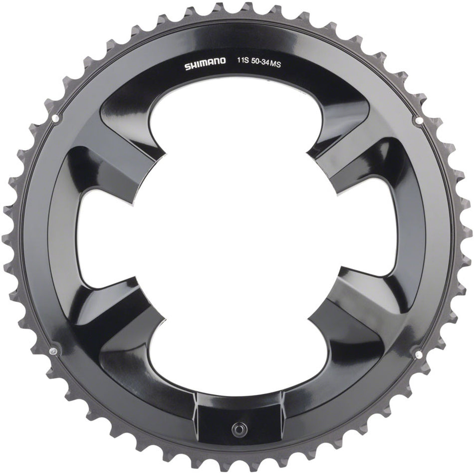 Shimano CR2518 chainring for Shimano FC-RS510 crankset, black metal with evenly spaced teeth, designed for road bike performance.
