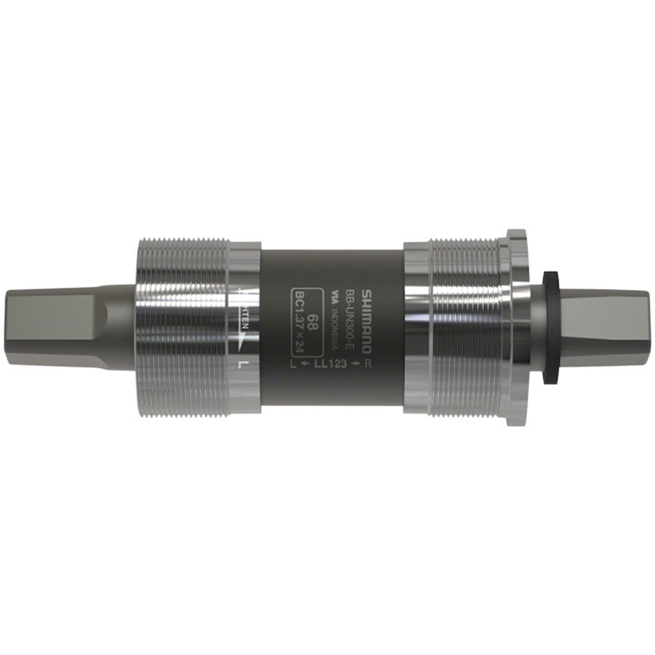 Shimano BB-UN300 square spindle bottom bracket installed on a bicycle crankset.