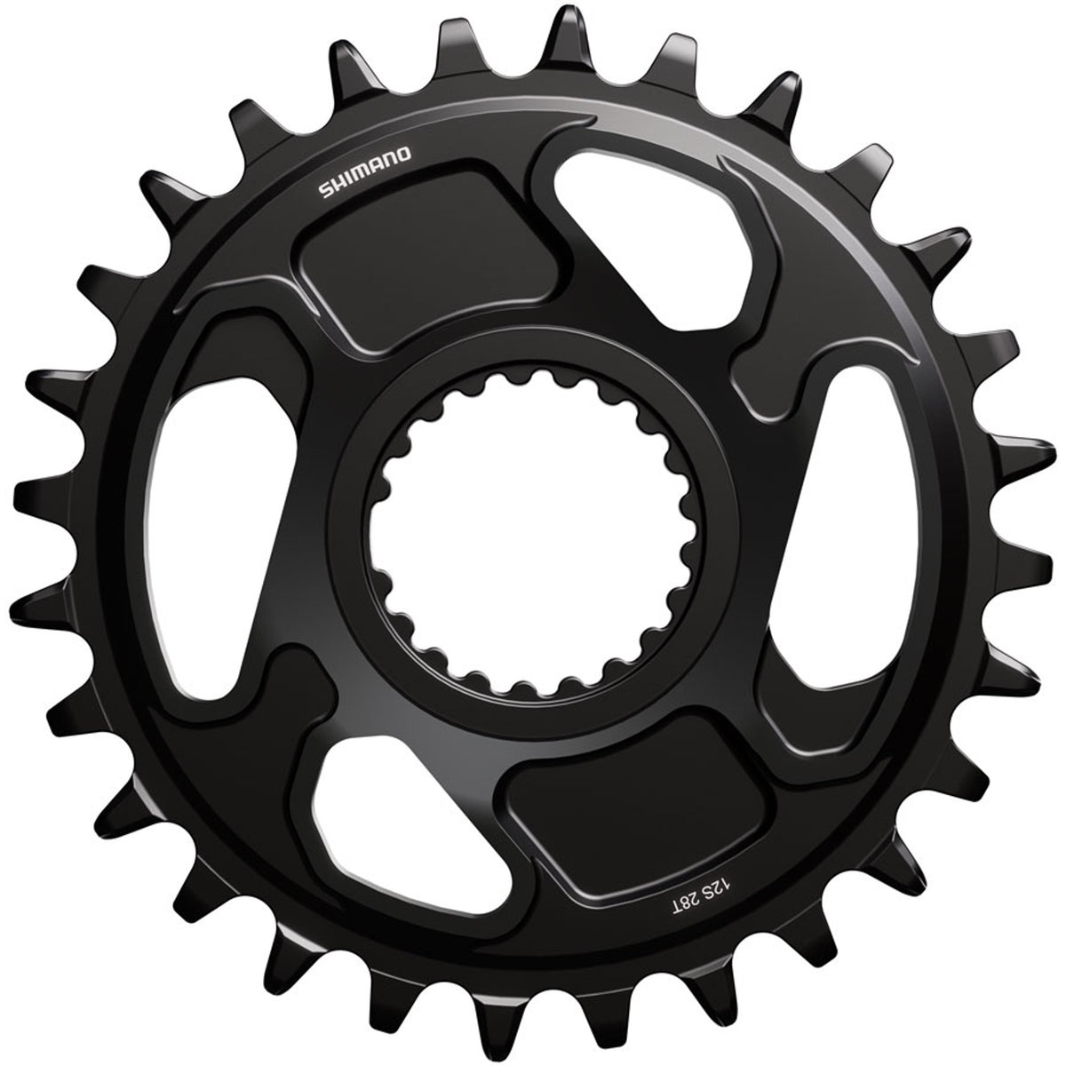 Shimano Deore XT SM-CRM86 direct mount chainring for mountain bike, showing black aluminum with mounting holes.