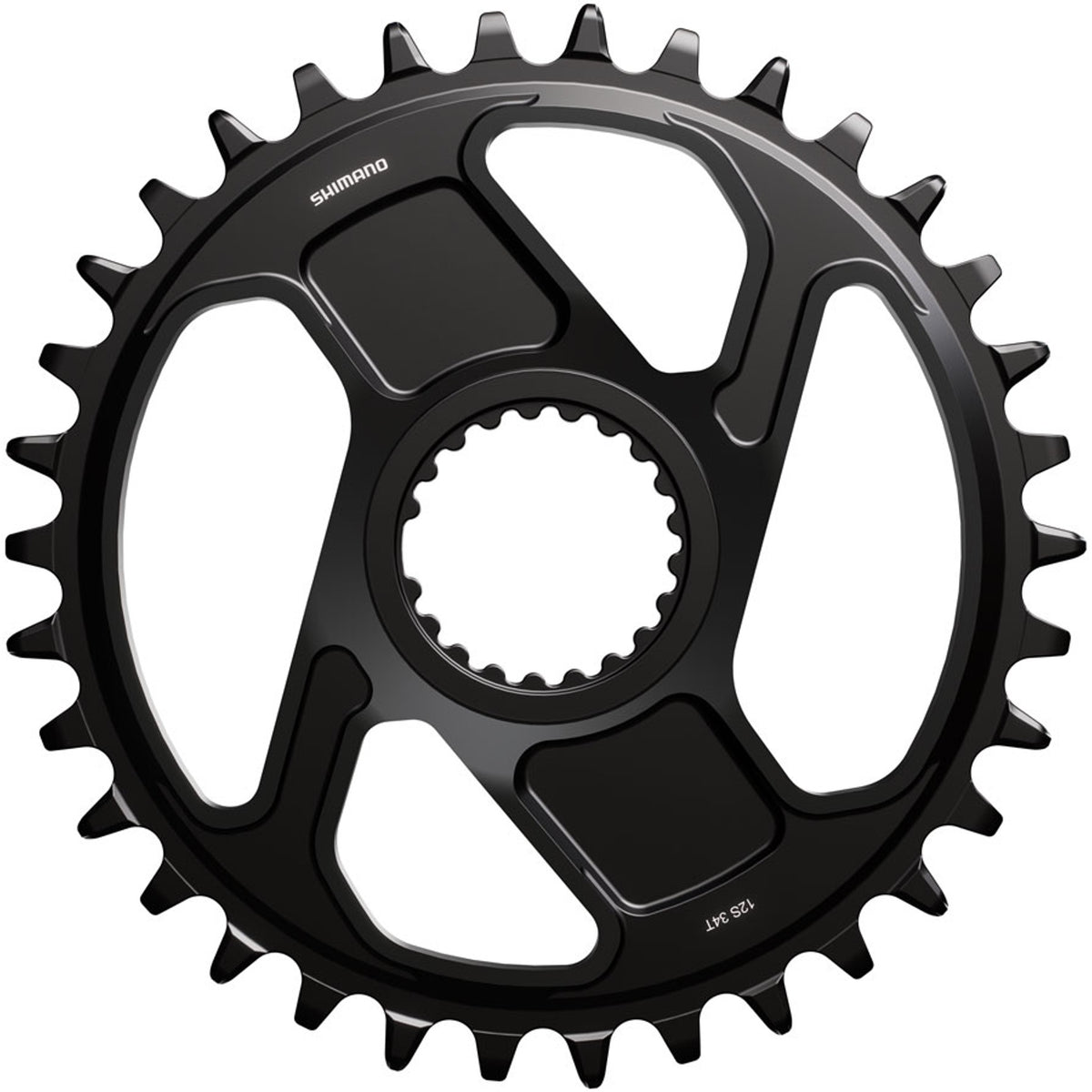 Shimano Deore XT SM-CRM86 direct mount chainring with black finish, detailed teeth design, and mounting holes for mountain bike drivetrain.