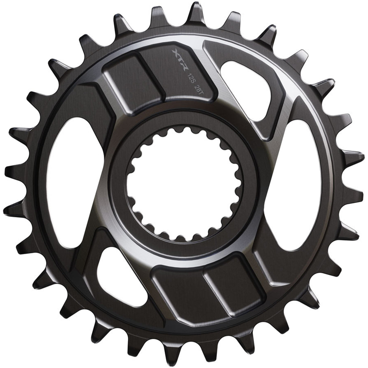 Shimano XTR SM-CRM96 direct mount chainring for mountain bike cranksets, black metal with gear teeth and mounting holes.