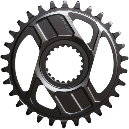 Shimano XTR SM-CRM96 direct mount chainring for mountain bike cranksets, showing teeth and mounting holes.