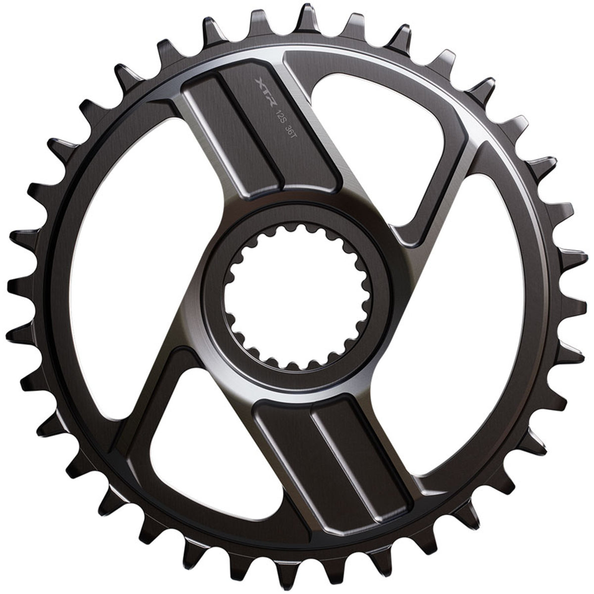 Shimano XTR SM-CRM96 direct mount chainring for mountain bike cranksets, showing the black metal gear with bolt holes.