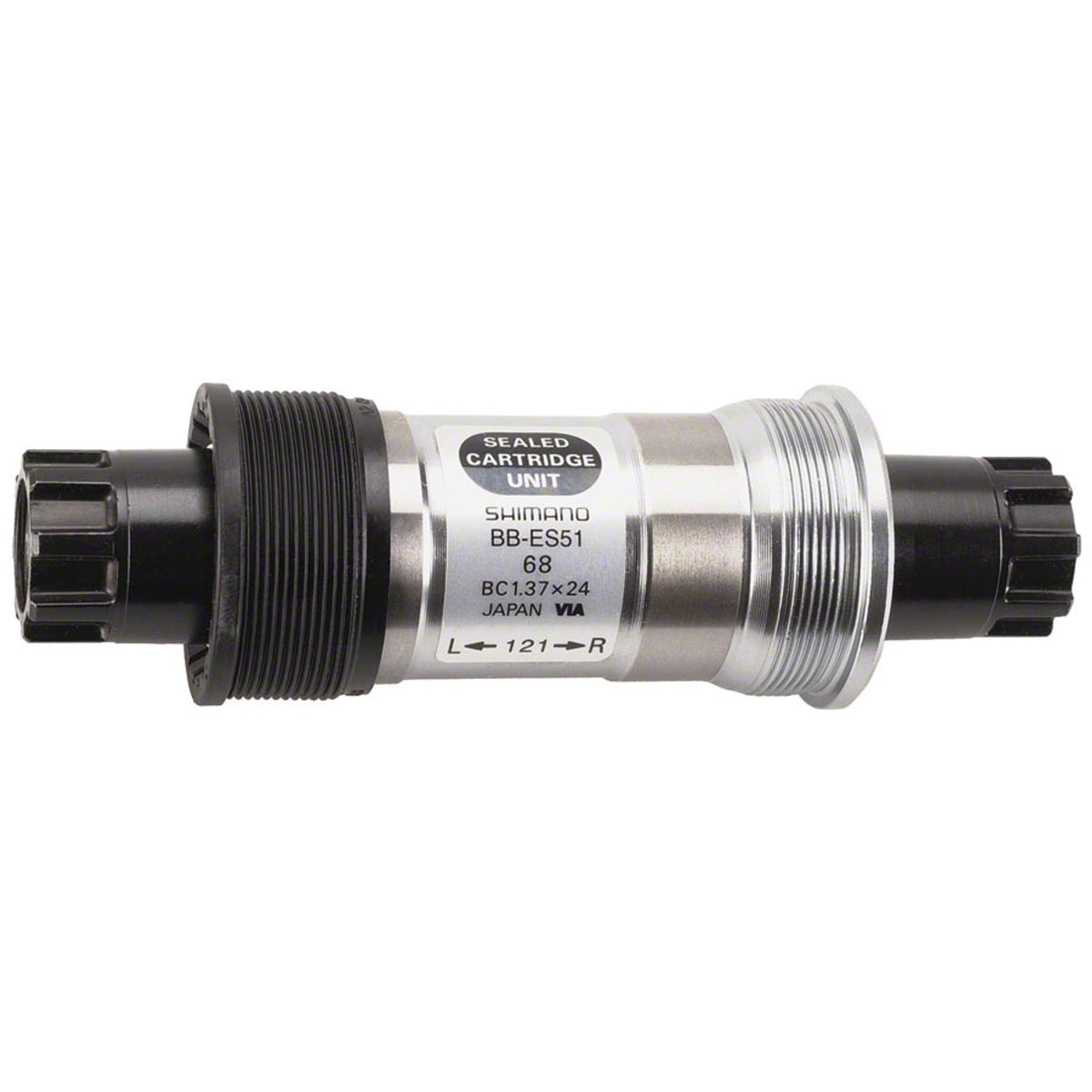 Shimano BB-ES51 Octalink V2 bottom bracket for bicycle cranksets, showing the black metal component with threading.
