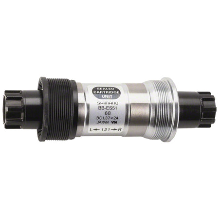 Shimano BB-ES51 Octalink V2 bottom bracket for bicycle cranksets, showing the black metal component with threading.