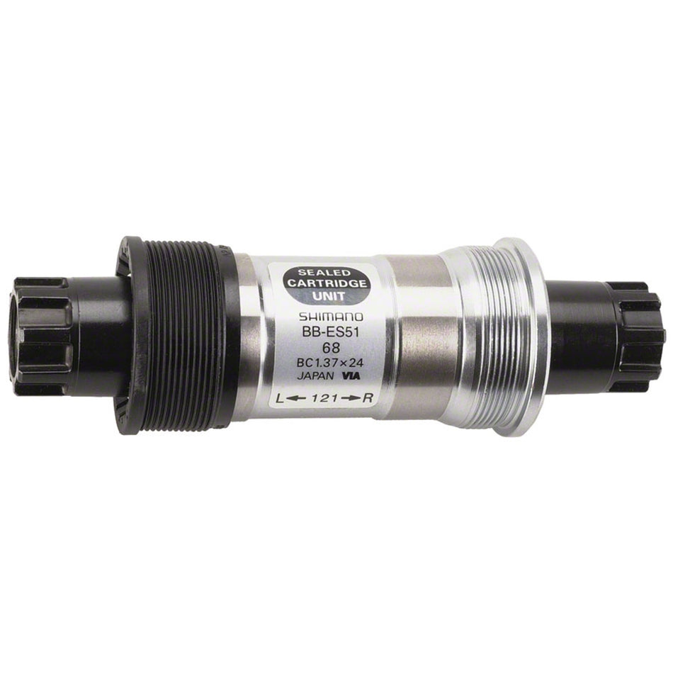 Shimano BB-ES51 Octalink V2 bottom bracket for bicycle cranksets, showing the black metal component with threading.