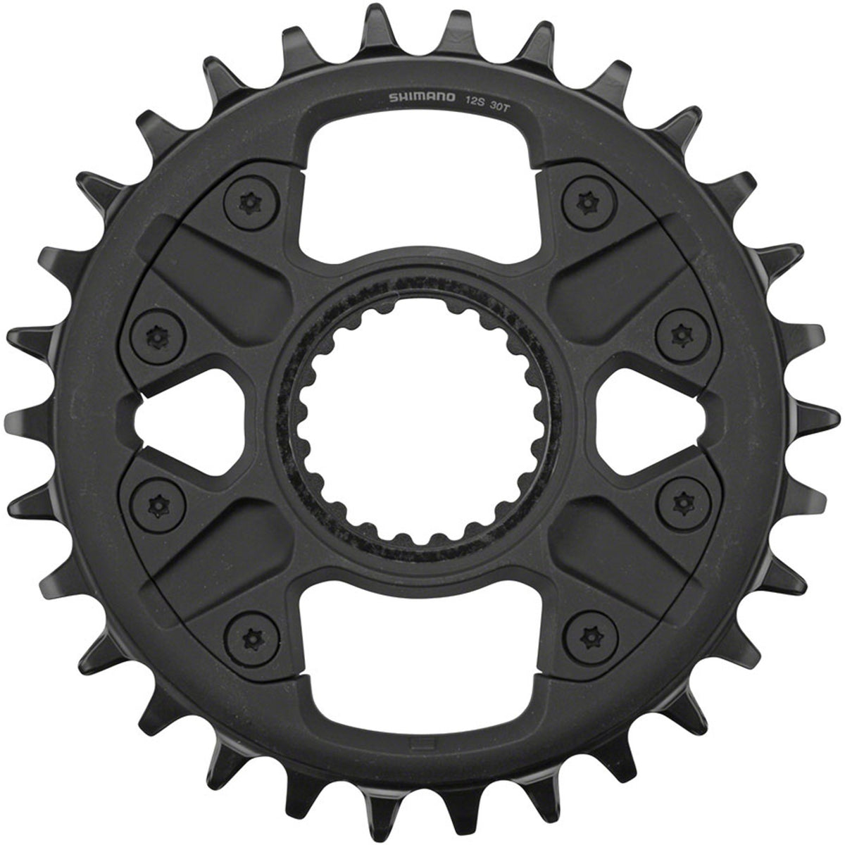 Shimano Deore FC-M6100 12-speed chainring for mountain bike crankset, black metallic finish, mounted on crank arms.