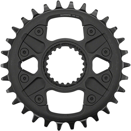 Shimano Deore FC-M6100 12-speed chainring for mountain bike crankset, black metallic finish, mounted on crank arms.