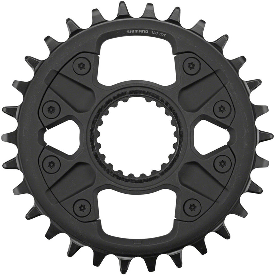 Shimano Deore FC-M6100 12-speed chainring for mountain bike crankset, black metallic finish, mounted on crank arms.