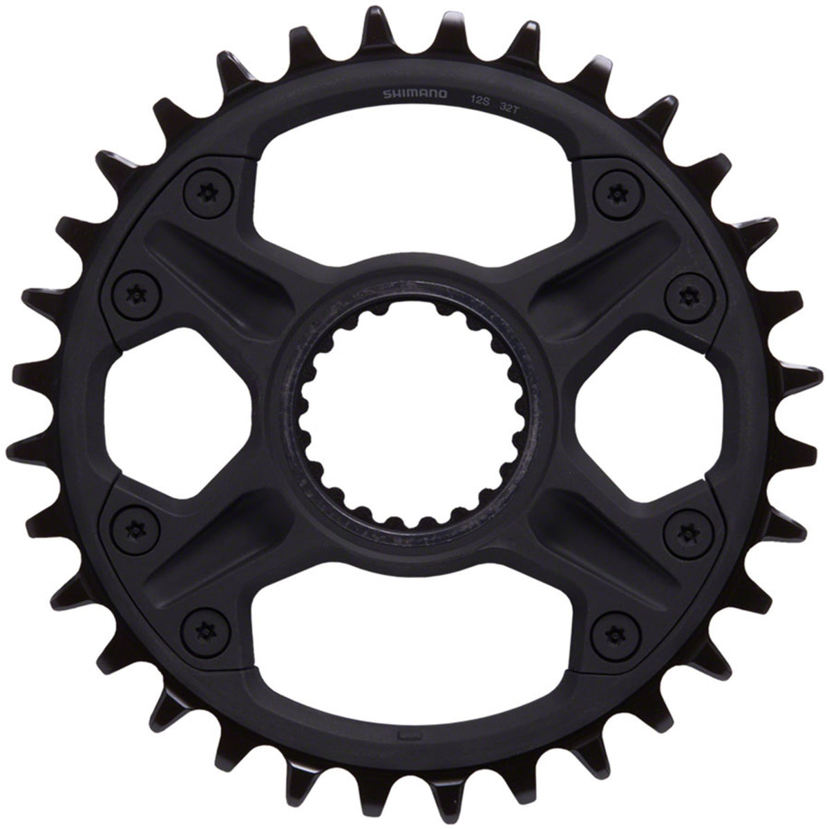 Shimano Deore FC-M6100 12-speed chainring with black finish, mounted on a crank arm, for mountain bike drivetrain.