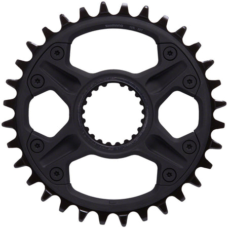 Shimano Deore FC-M6100 12-speed chainring with black finish, mounted on a crank arm, for mountain bike drivetrain.