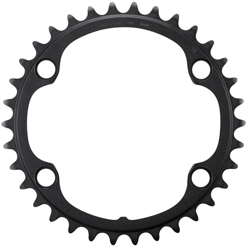 Shimano Ultegra FC-R8100 12-speed chainring mounted on bike crankset, close-up of black alloy bike chainring with teeth.