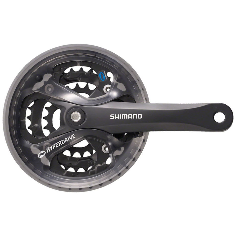 Shimano Acera FC-M361 crankset with black crank arms and chainring for mountain bikes, close-up view of the crankset components.