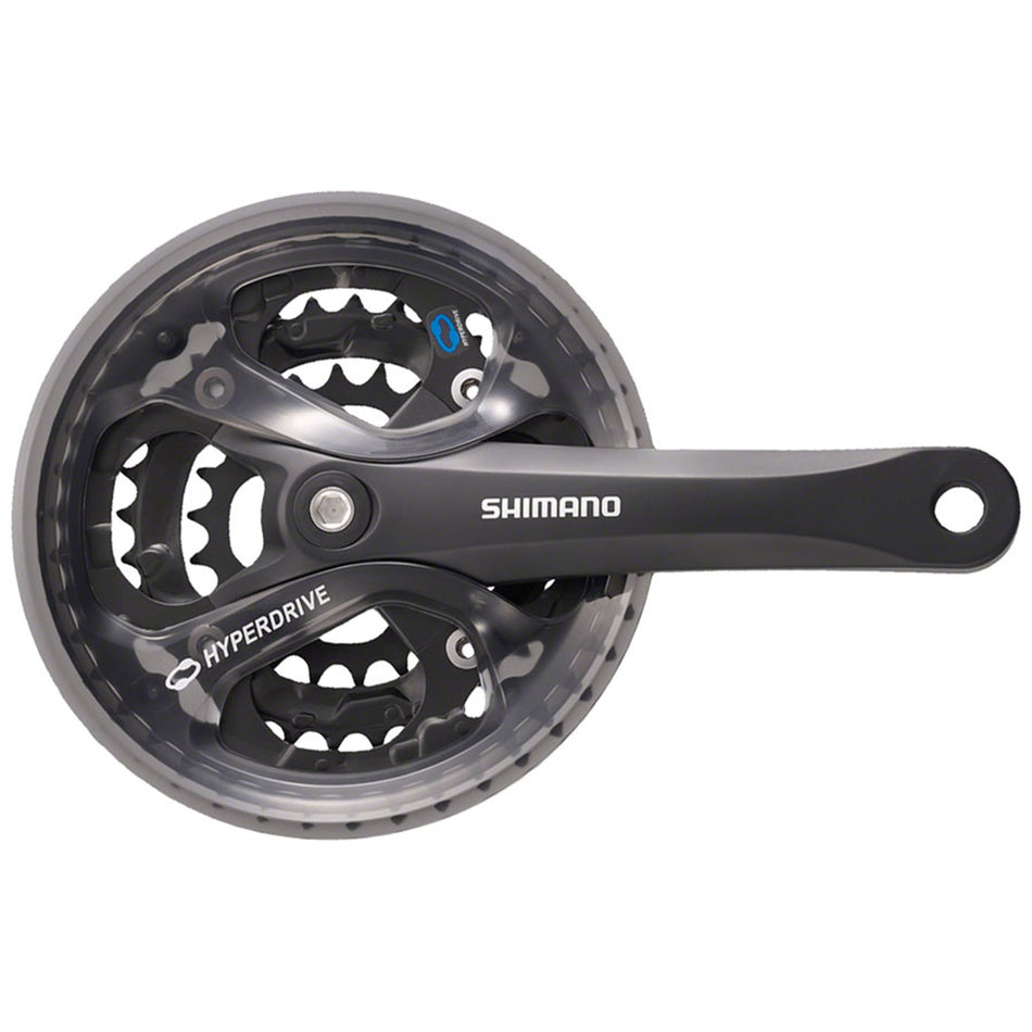 Shimano Acera FC-M361 crankset with double chainrings and black crank arms, mounted on a bicycle drivetrain.