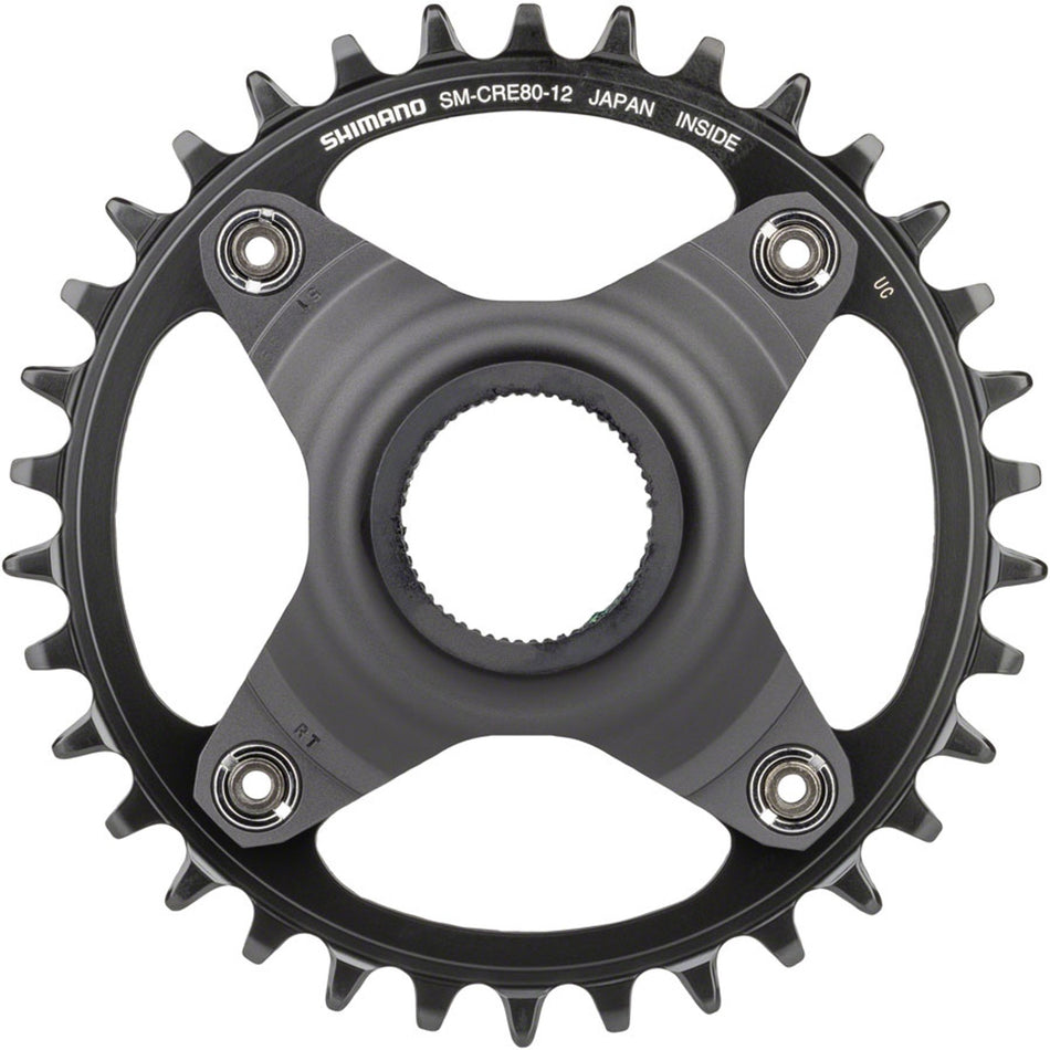 Shimano Steps SM-CRE80 12-speed chainring for e-bike drivetrain, shown in close-up with gear teeth detail.