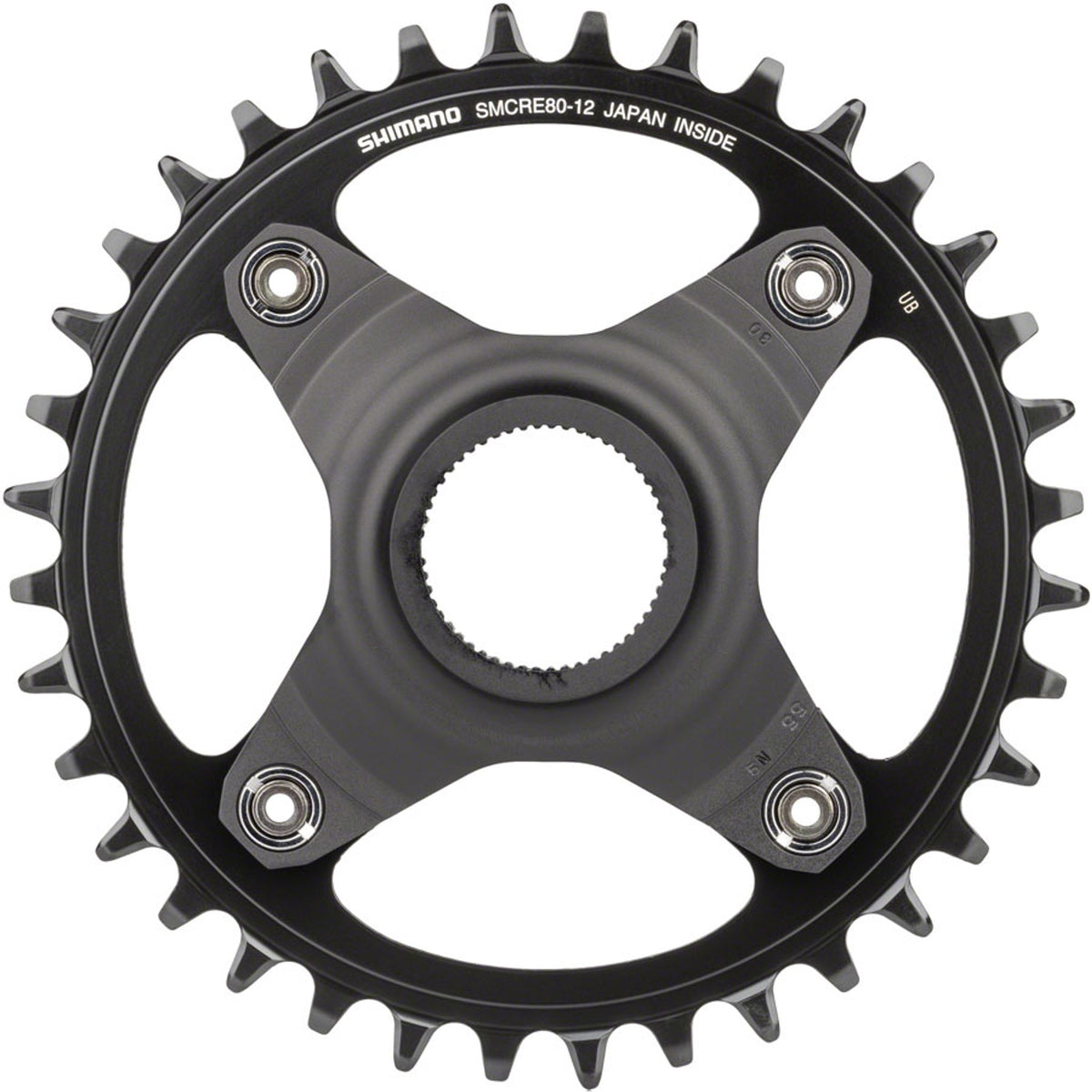 Shimano Steps SM-CRE80 12-Speed Chainring for ebike drivetrain, shown in close-up with detailed gear teeth and branding.
